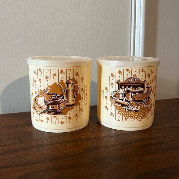 Vintage 70’s Plastic Container Crock Butter Tub with Lid Set of 2 Harvest Design - Picture 1 of 10